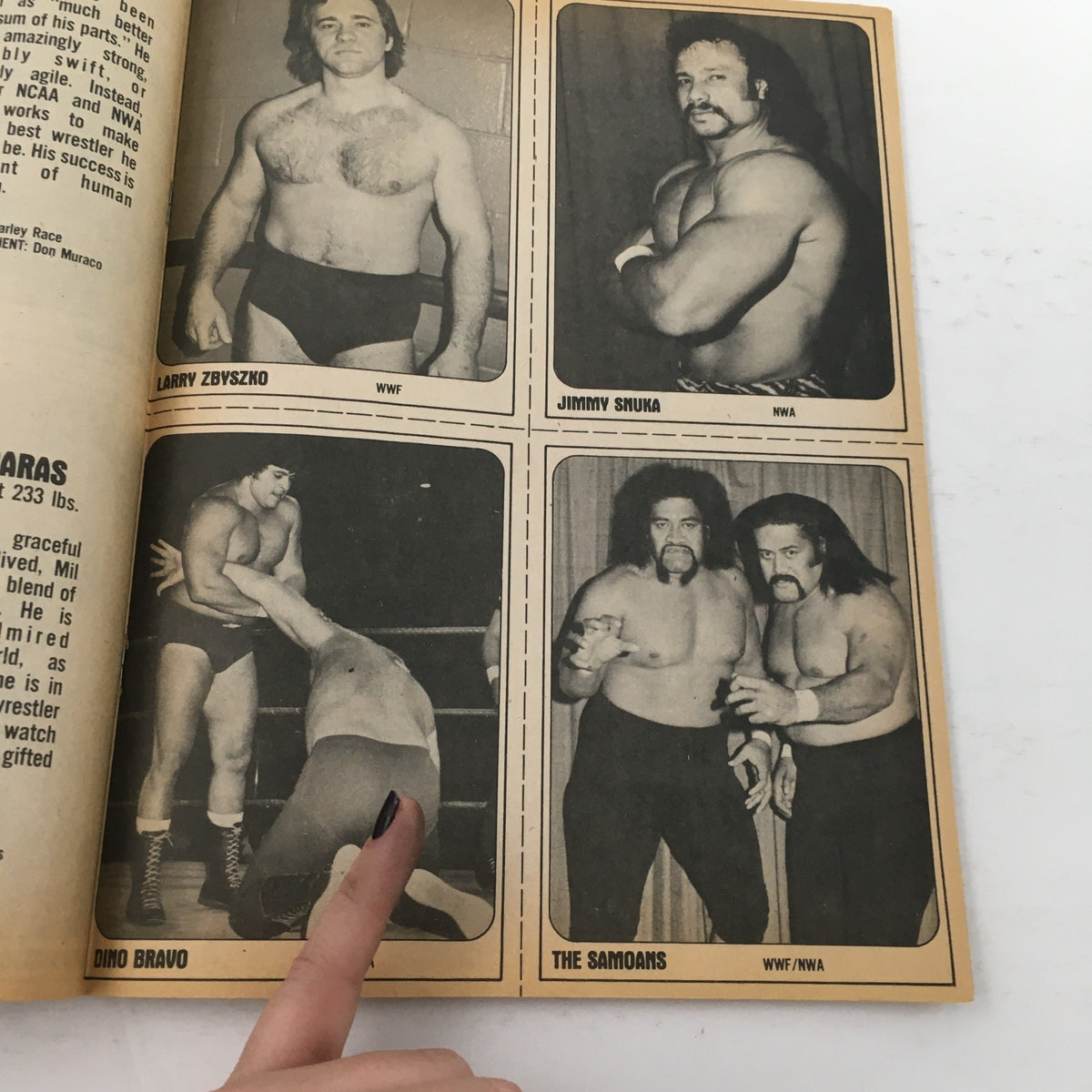 Wrestling Superstars Magazine Summer 1981 showing Larry Zbyszko and Jimmy Snuka, with Dino Bravo in a wrestling match against The Samoans, capturing the dynamic wrestling scenes.
