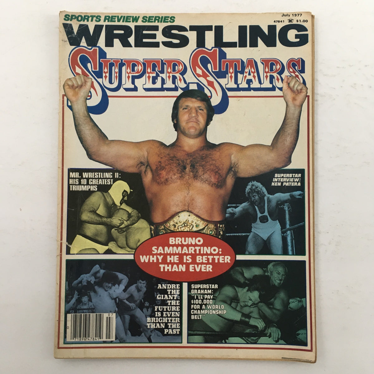 Cover of Wrestling Superstars Magazine from July 1977 featuring Andre the Giant and Bruno Sammartino, highlighting their iconic status in wrestling.