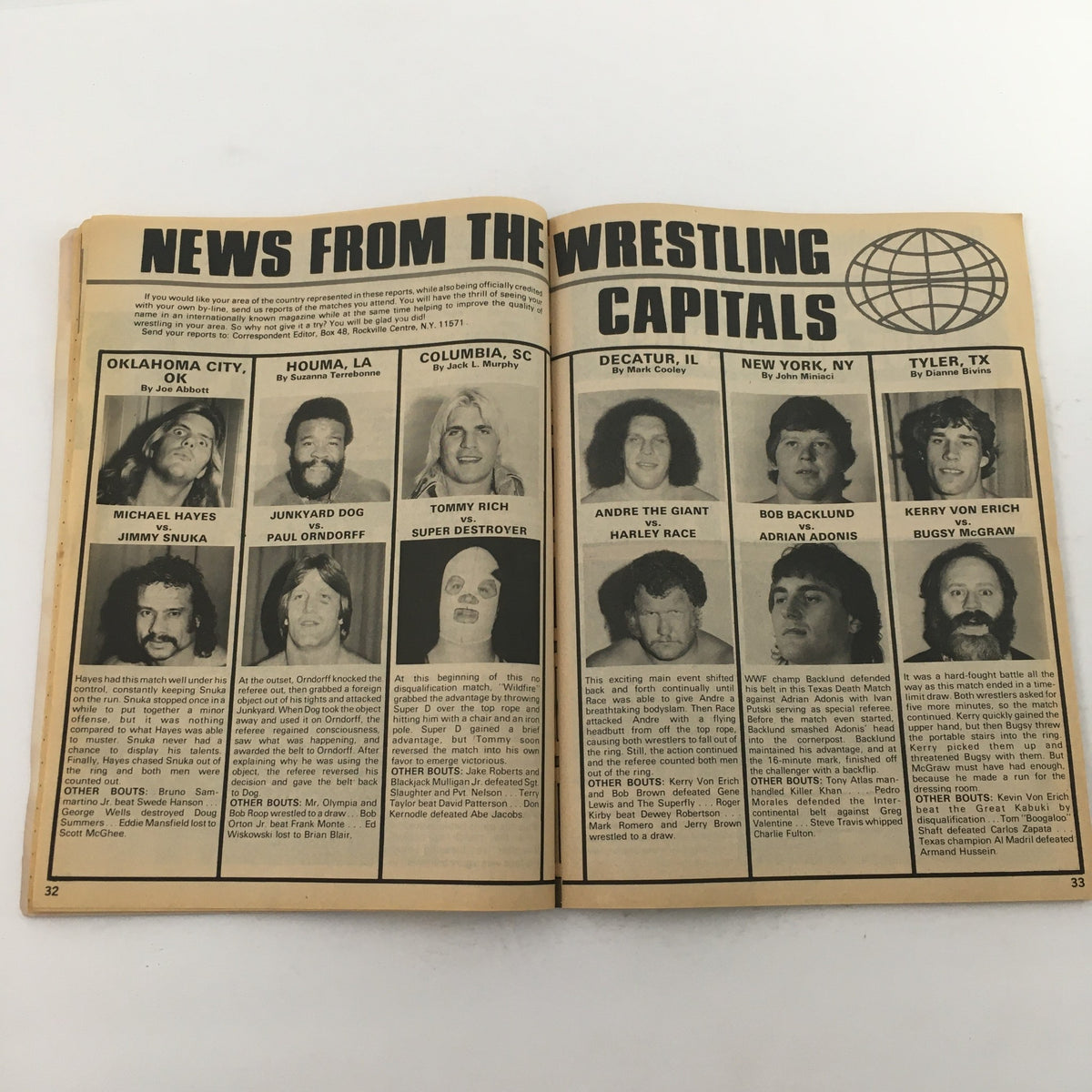 Inside Wrestling Magazine June 1982 news section featuring images of prominent wrestlers Andre the Giant and Harley Race, discussing wrestling events across various locations.