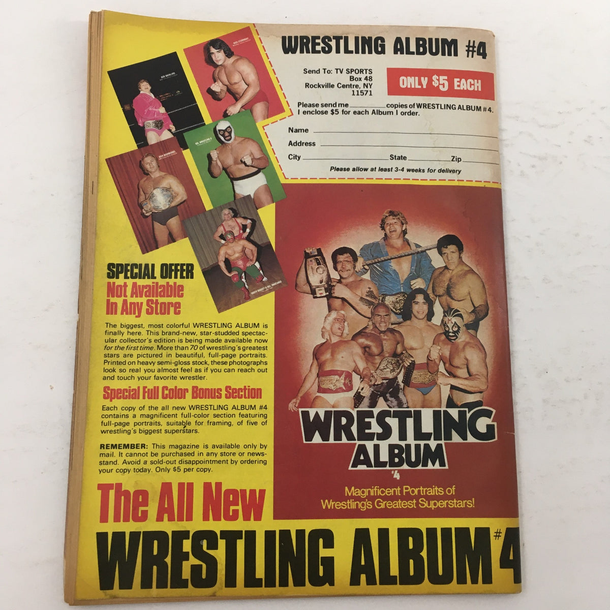 Back cover of Wrestling Album #4, showcasing portraits of famous wrestlers and promotional details about the album.