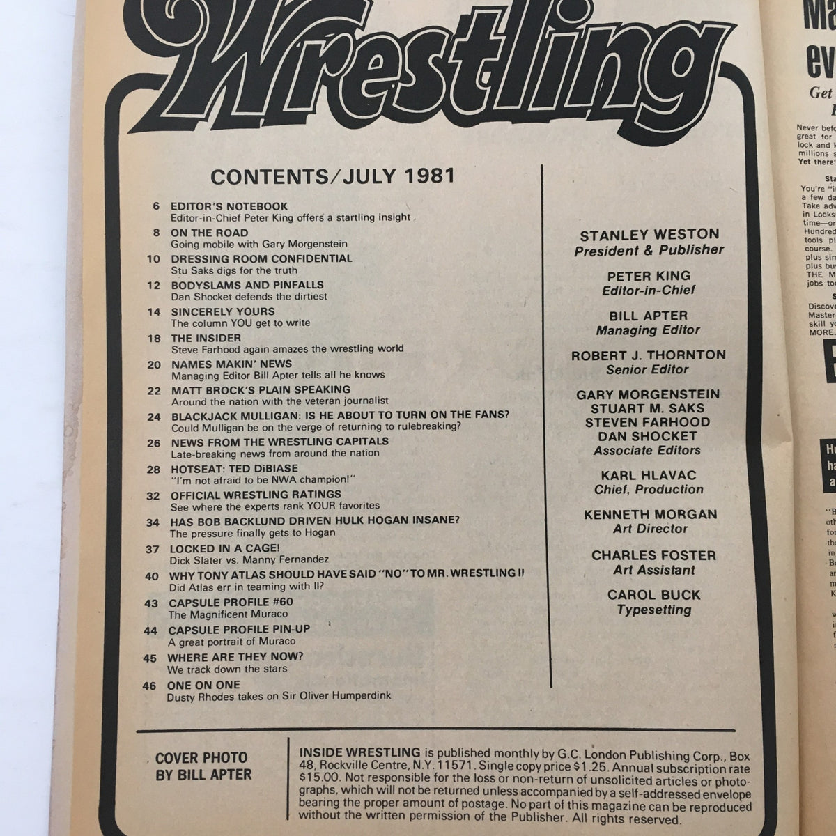 Contents page of Inside Wrestling Magazine July 1981 showcasing articles and features including Bob Buckland vs. Hulk Hogan.