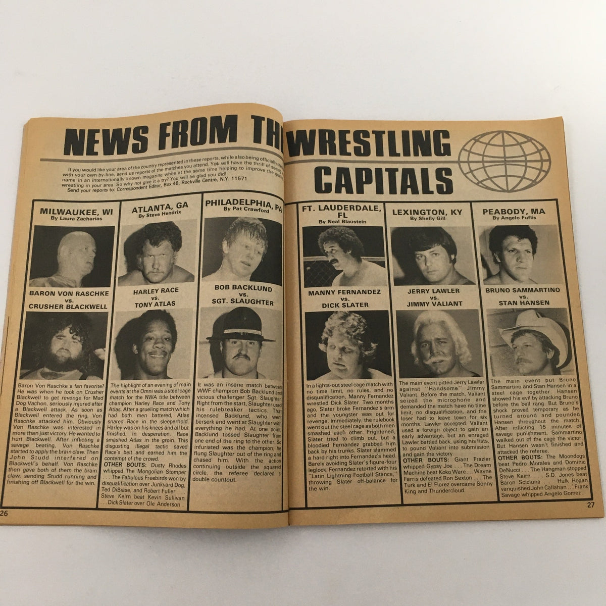 News from the Wrestling Capitals section in Inside Wrestling Magazine July 1981, detailing match-ups including Bob Buckland.