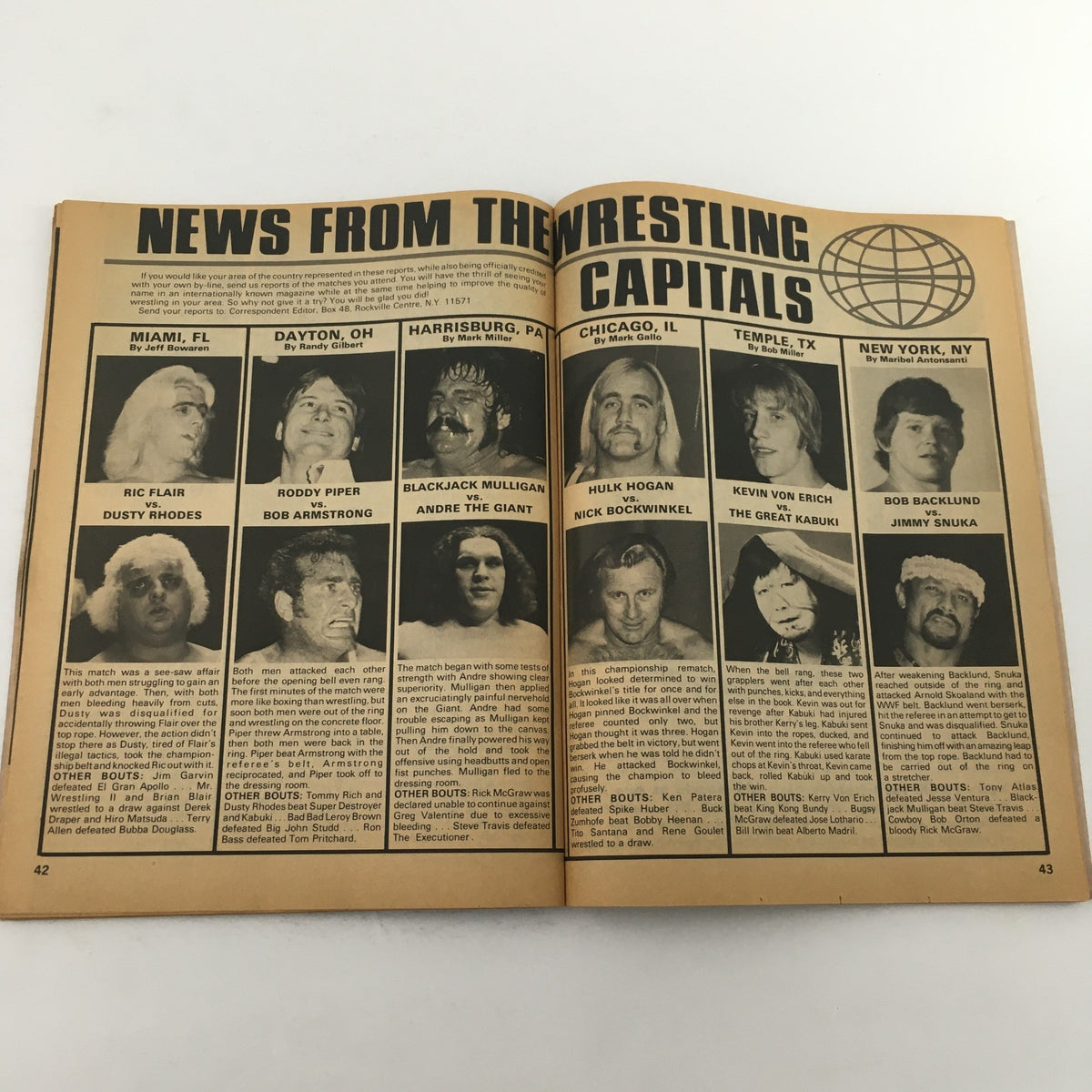Inside Wrestling Magazine September 1982, showcasing news from the wrestling capitals, including popular wrestlers like Ric Flair, Roddy Piper, and Hulk Hogan, highlighting the prominence of wrestling in the 1980s.