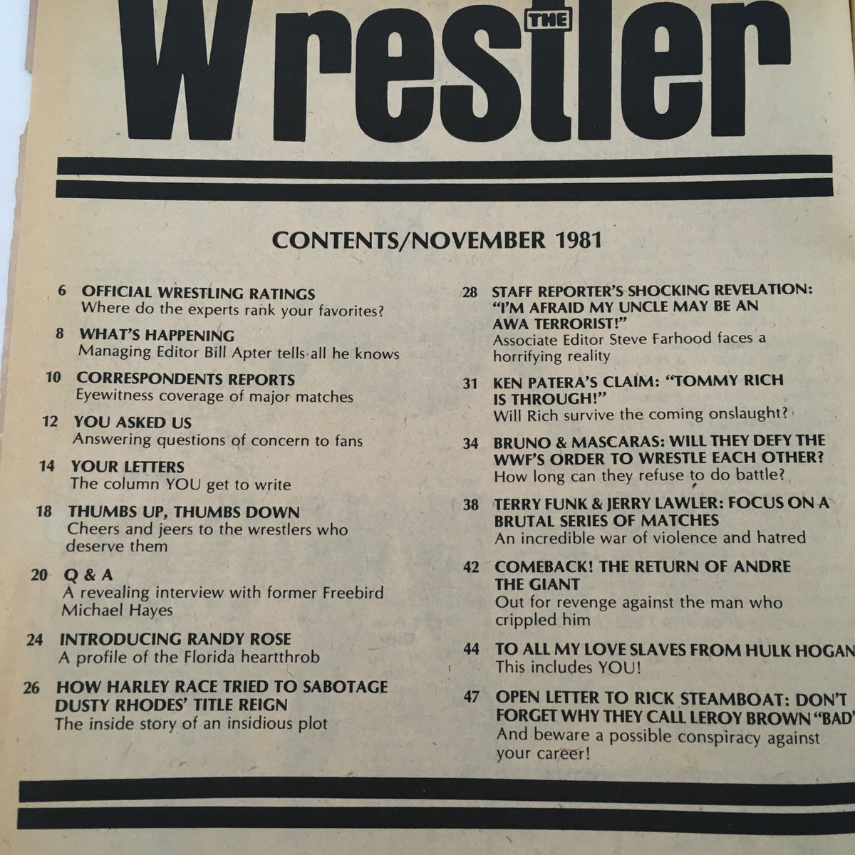 Table of contents from The Wrestler Magazine November 1981 featuring articles on wrestling ratings, fan interactions, and notable matches. This issue highlights wrestling legends Bruno Sammartino and Andre the Giant.