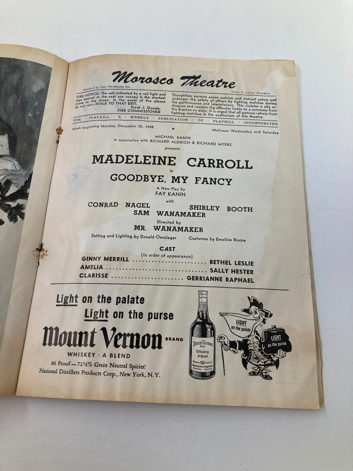 1948 Playbill Morosco Theatre opening page featuring Madeleine Carroll in Goodbye, My Fancy.