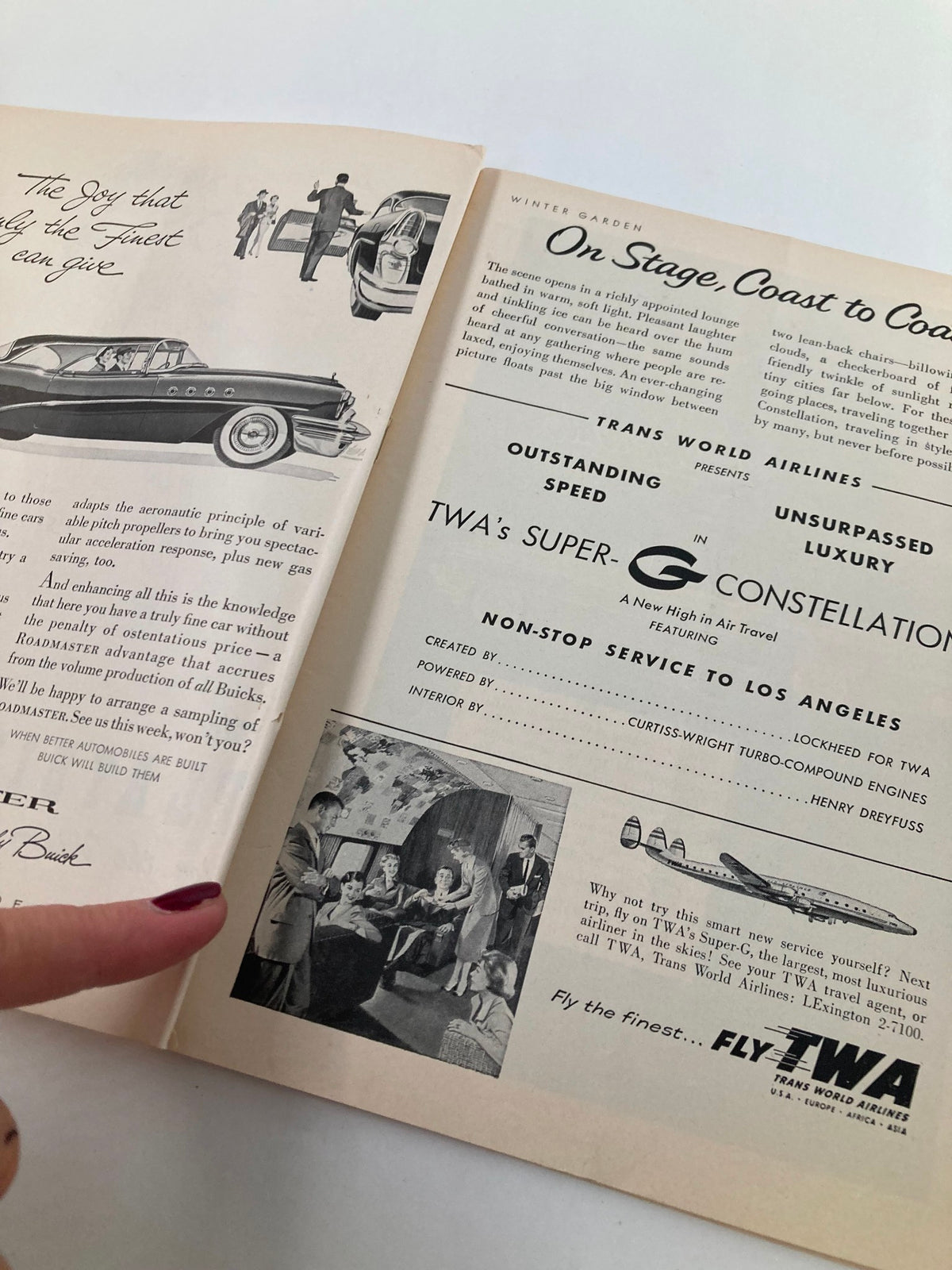 Inside view of the 1955 Playbill for 'Plain and Fancy', featuring advertisements and scenes from the Winter Garden Theatre, showcasing a luxurious travel experience.