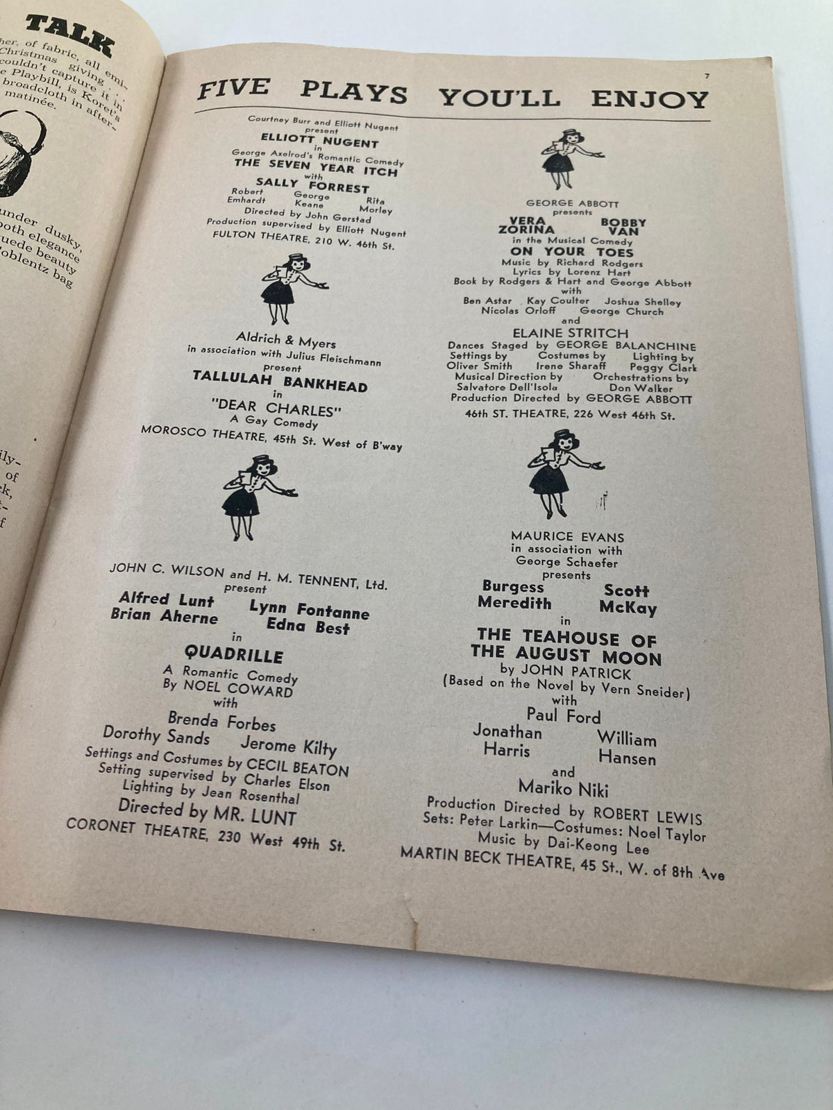 An interior page from the 1954 Playbill listing other plays and performances, including 'On Your Toes' starring Vera Zorina and Bobby Van.