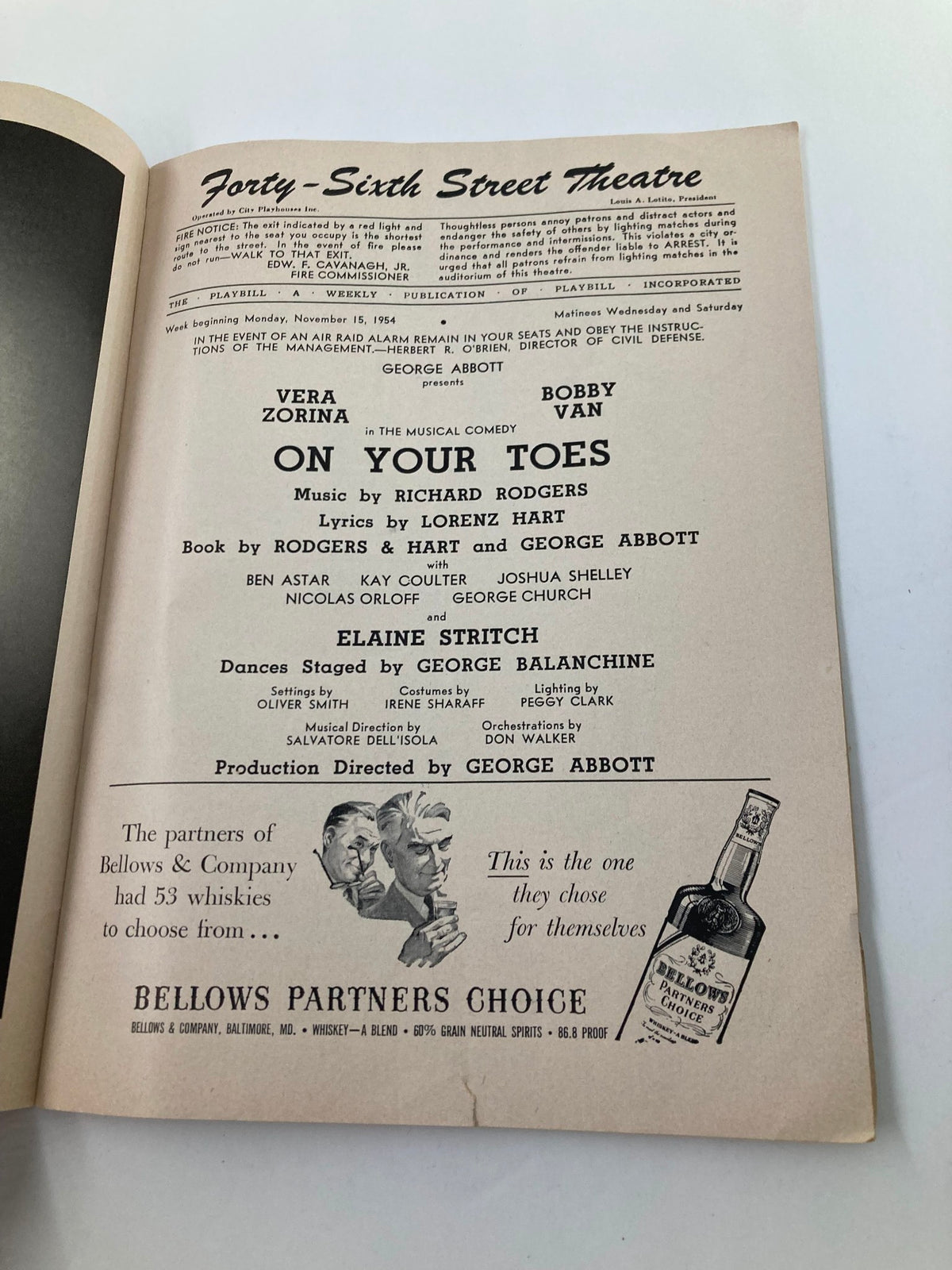 Another interior page from the 1954 Playbill highlighting details about the production of 'On Your Toes' at the Forty-Sixth Street Theatre.