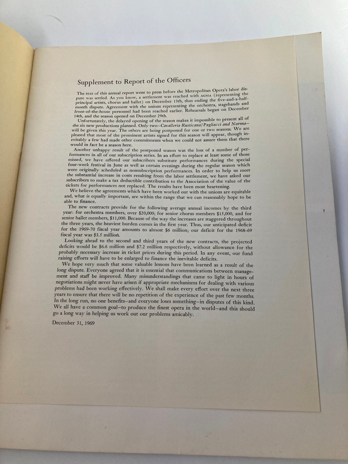 Interior page of the 1968 Program Souvenir Metropolitan Opera Association Annual Report, presenting a formal text titled 'Supplement to Report of the Officers' dated December 31, 1969.