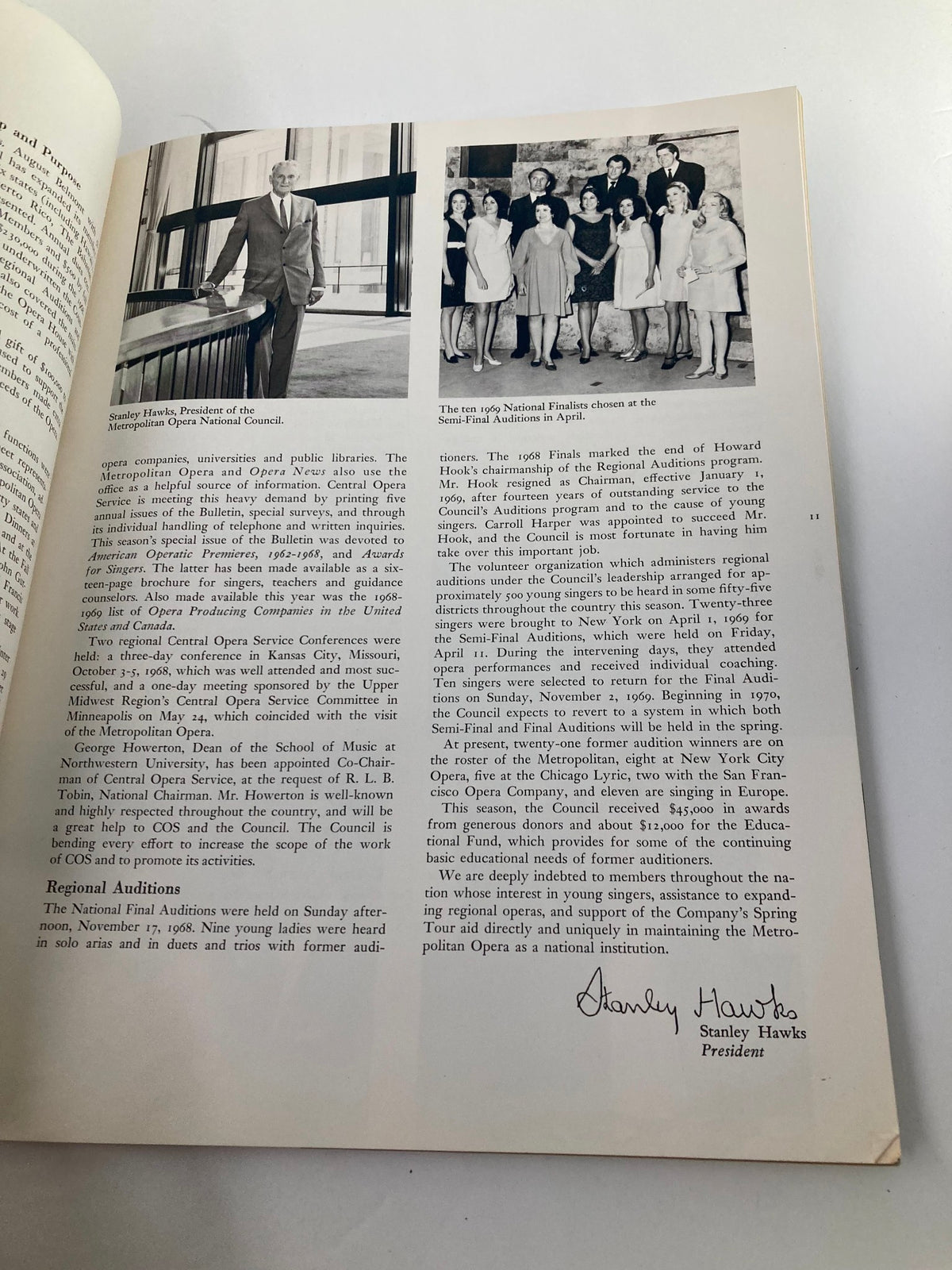 Image of Stanley Hawks, President of the Metropolitan Opera National Council, along with the 1969 National Finalists featured in the 1968 Program Souvenir Metropolitan Opera Association Annual Report.