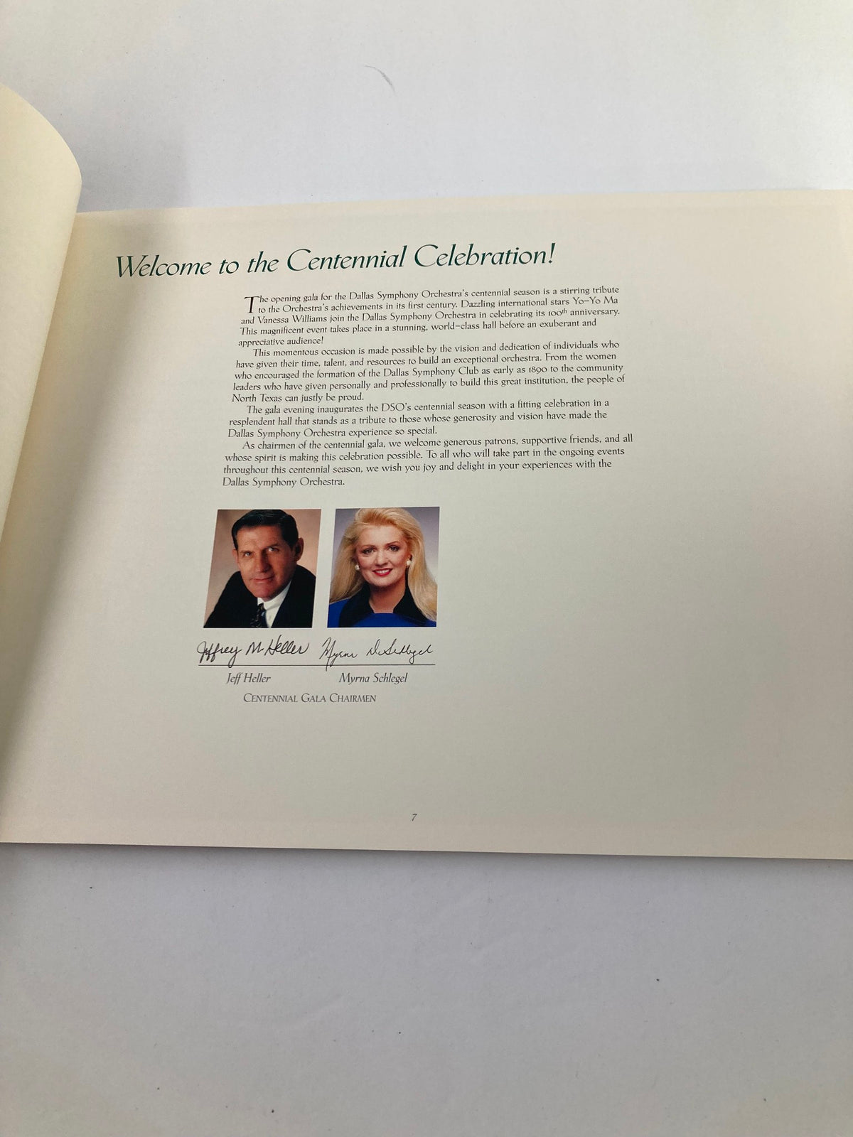 Welcome message from Dallas Symphony Orchestra officials in the 2000 Program Souvenir Dalla Symphony Orchestra A Century of Beautiful Music.