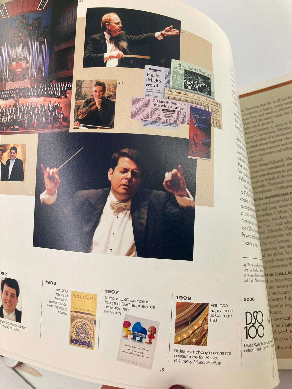 Collage of memorable moments and events depicting the Dallas Symphony Orchestra's journey in the 2000 Program Souvenir Dalla Symphony Orchestra A Century of Beautiful Music.