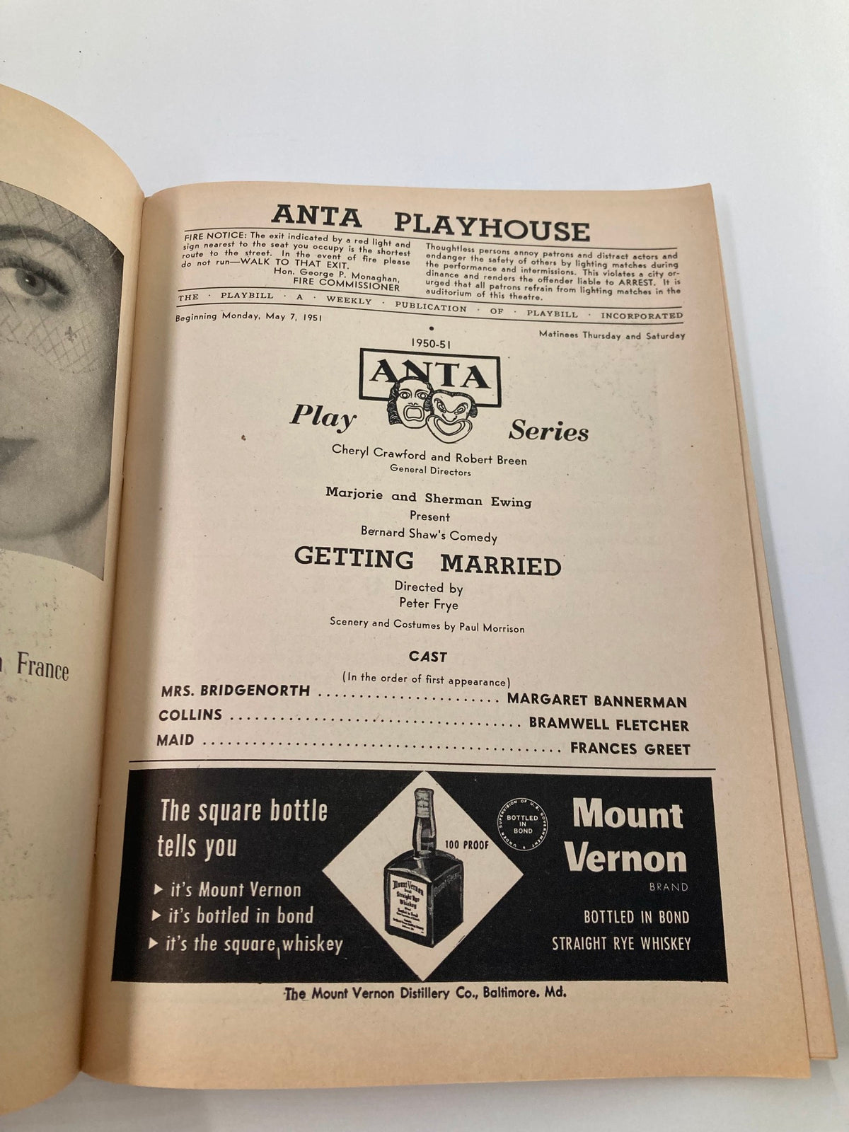 Interior page of the 1951 Playbill for Anta Playhouse displaying the cast and production details for 'Getting Married', directed by Peter Frye.