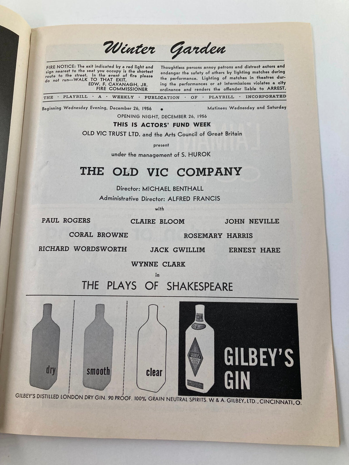 Interior page of the 1956 Playbill for Winter Garden highlighting the cast including Paul Rogers and Claire Bloom, with production details under The Old Vic Company.
