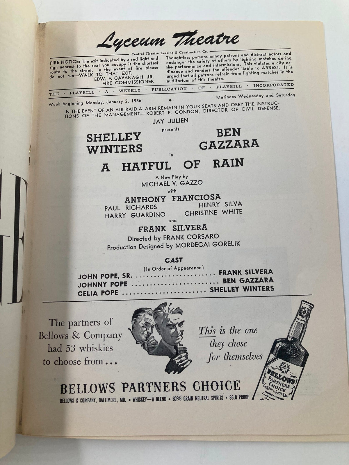 Inside page of the 1956 Playbill for the Lyceum Theatre showcasing cast members Shelley Winters and Ben Gazzara for 'A Hatful of Rain'.