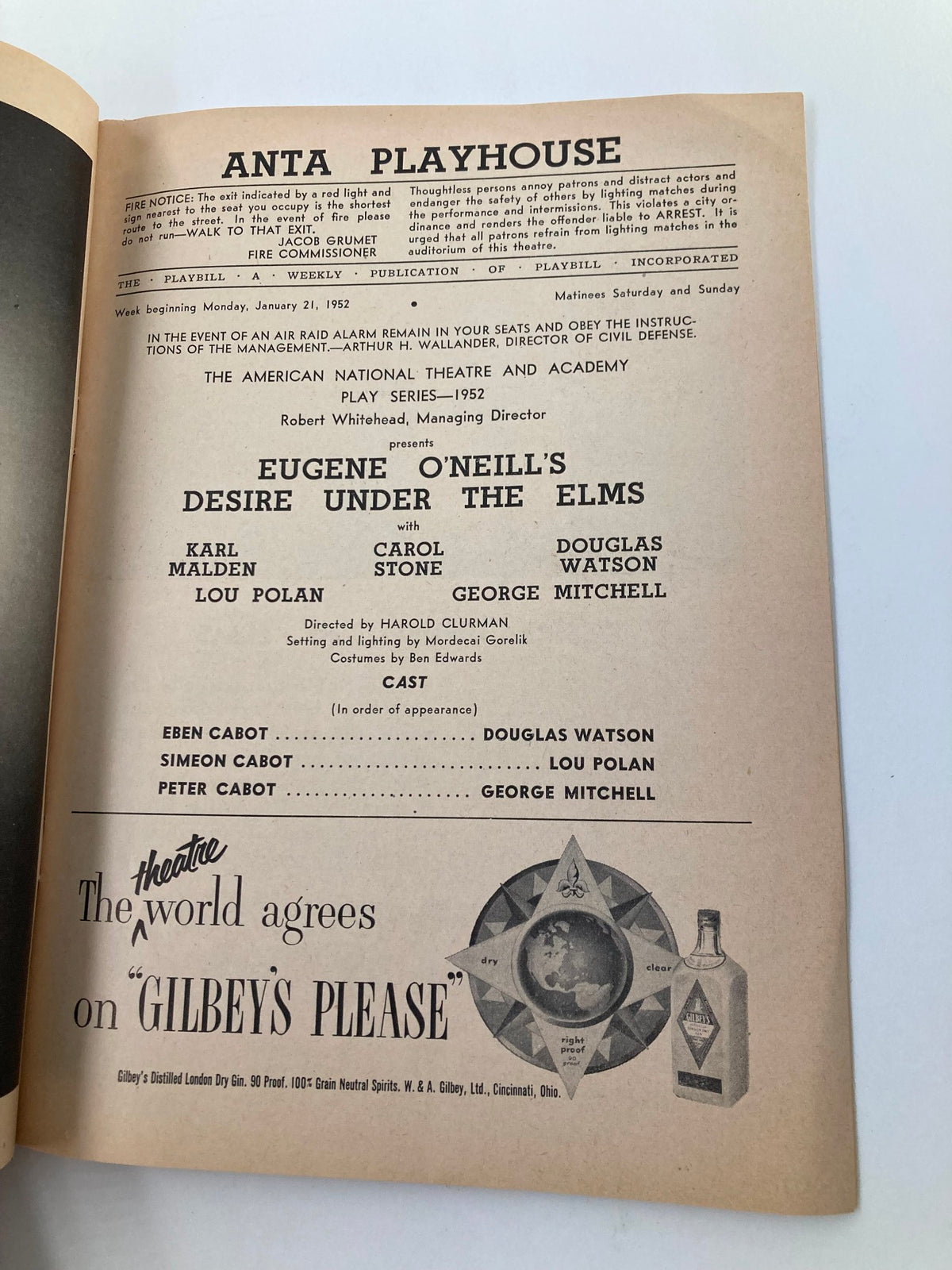 Interior page of the 1952 Playbill for Anta Playhouse displaying cast details for Eugene O'Neill's Desire Under The Elms, including names like Karl Malden and Carol Stone.