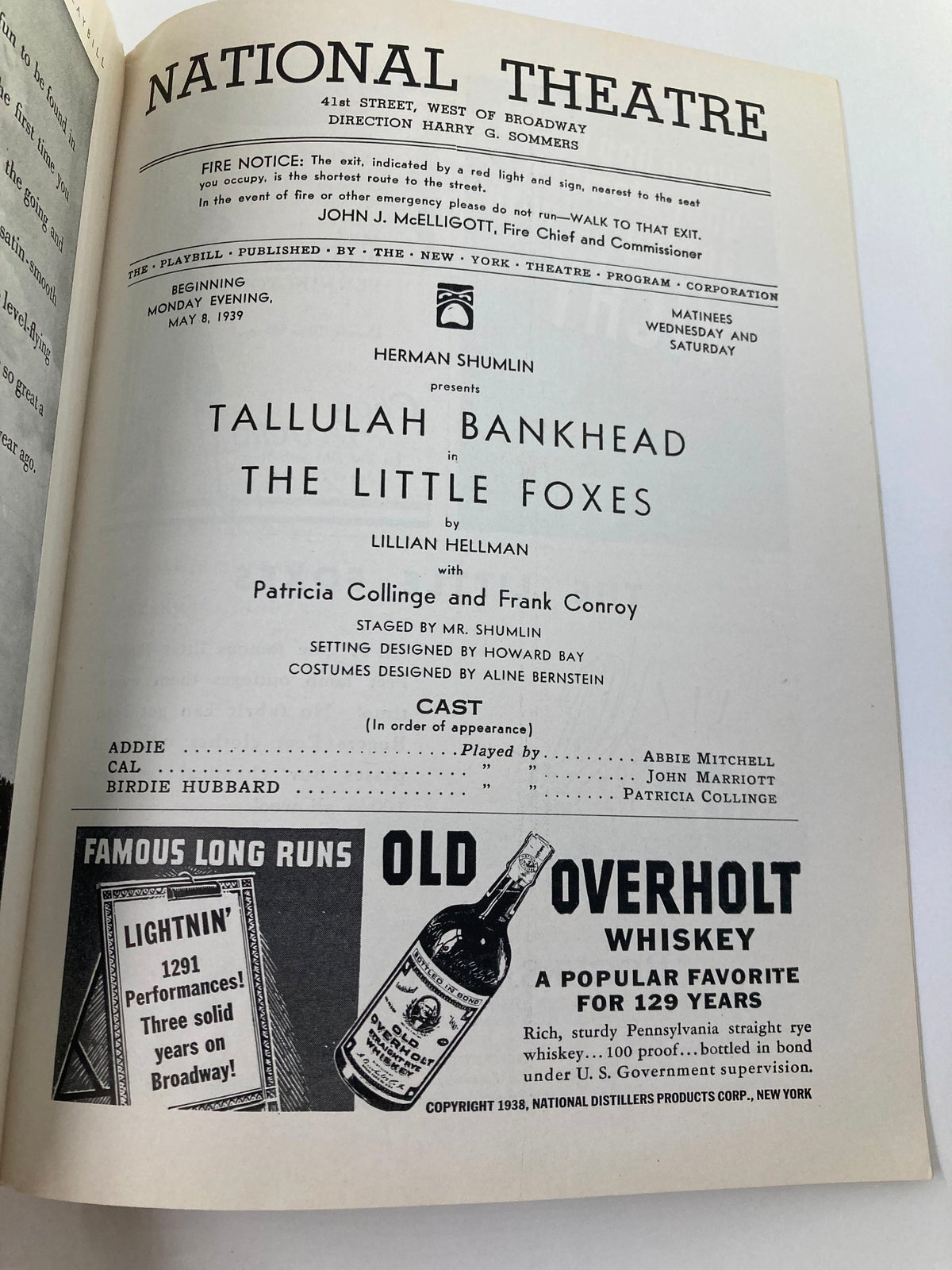 Inside page of the 1939 Playbill for National Theatre, highlighting Tallulah Bankhead in The Little Foxes, including cast details and advertisements.
