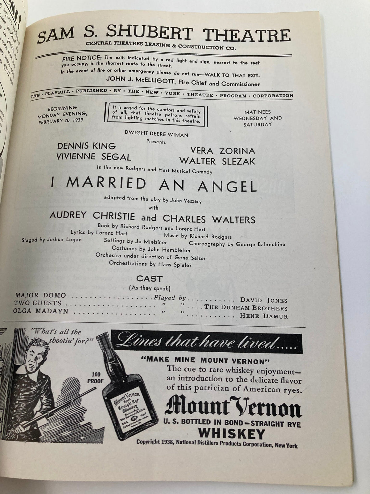 Inside of 1939 Playbill for I Married An Angel at Sam S. Shubert Theatre, featuring cast listing and production details, preserved vintage theatre memorabilia.