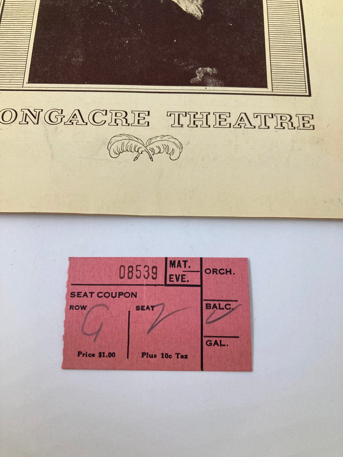 Close-up of a ticket coupon from the Longacre Theatre, dated 1938, for the performance of On Borrowed Time, featuring seating details.