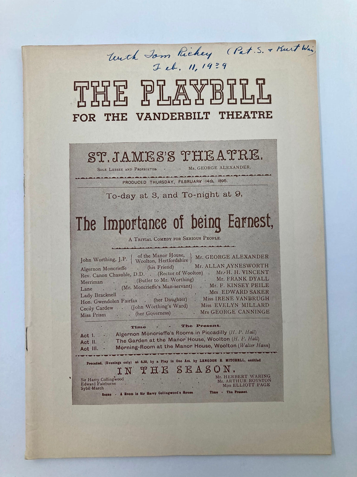 1939 Playbill Vanderbilt Theatre showcasing the production of The Importance of Being Earnest, featuring signature from Tom Richey, dated February 11, 1939.