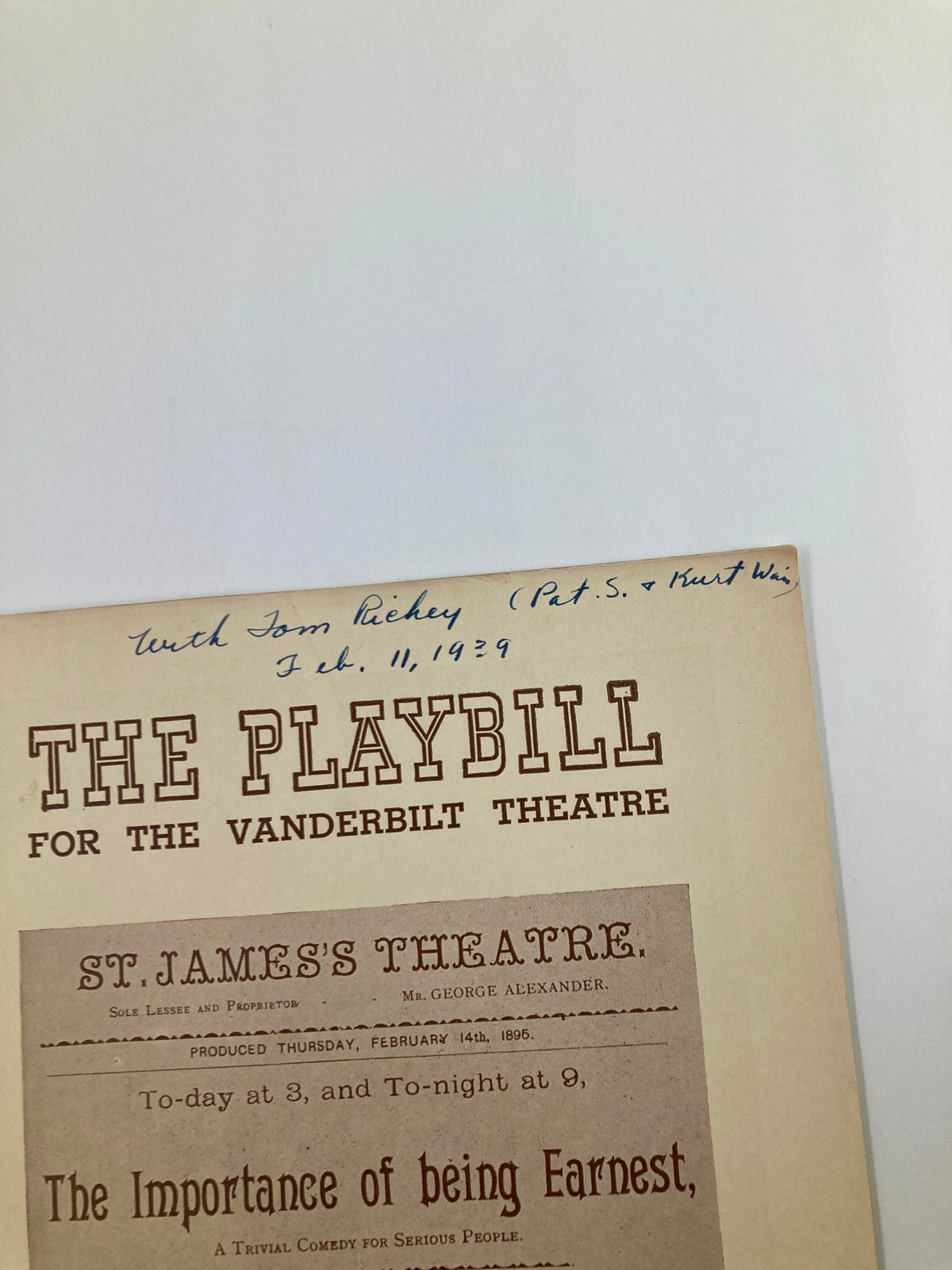 Close-up view of the 1939 Playbill from Vanderbilt Theatre, signing from Tom Richey, presenting The Importance of Being Earnest.