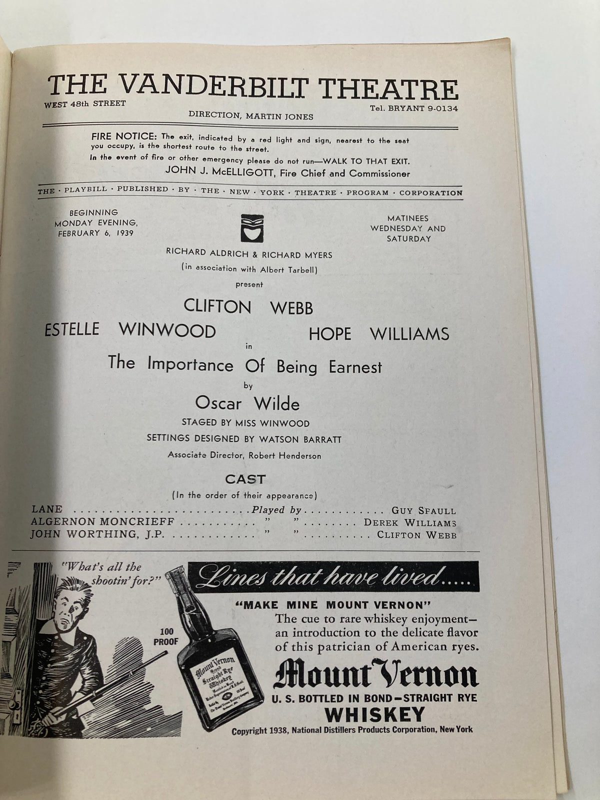 Interior page of the 1939 Playbill for The Importance of Being Earnest at Vanderbilt Theatre, listing key cast members including Clifton Webb.