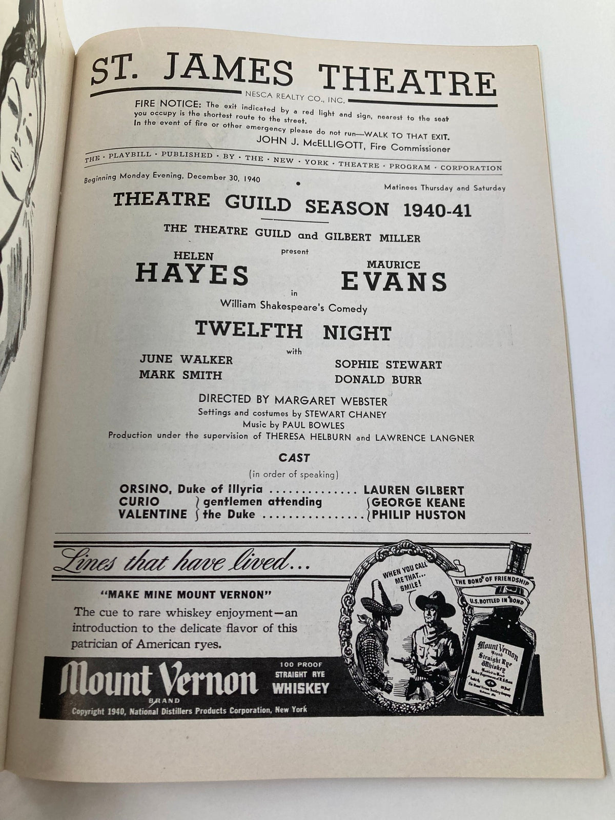 Inside view of the 1940 Playbill for the St. James Theatre, highlighting the cast of Twelfth Night including Helen Hayes and Maurice Evans, along with production details and a whiskey advertisement.