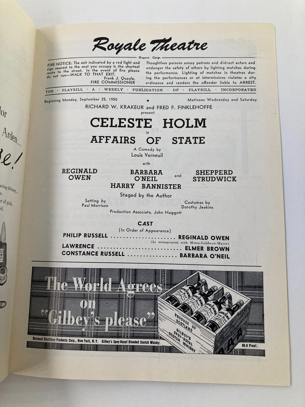 Inside page of the 1950 Playbill for the Royale Theatre, detailing the cast and production credits for Affairs of State.