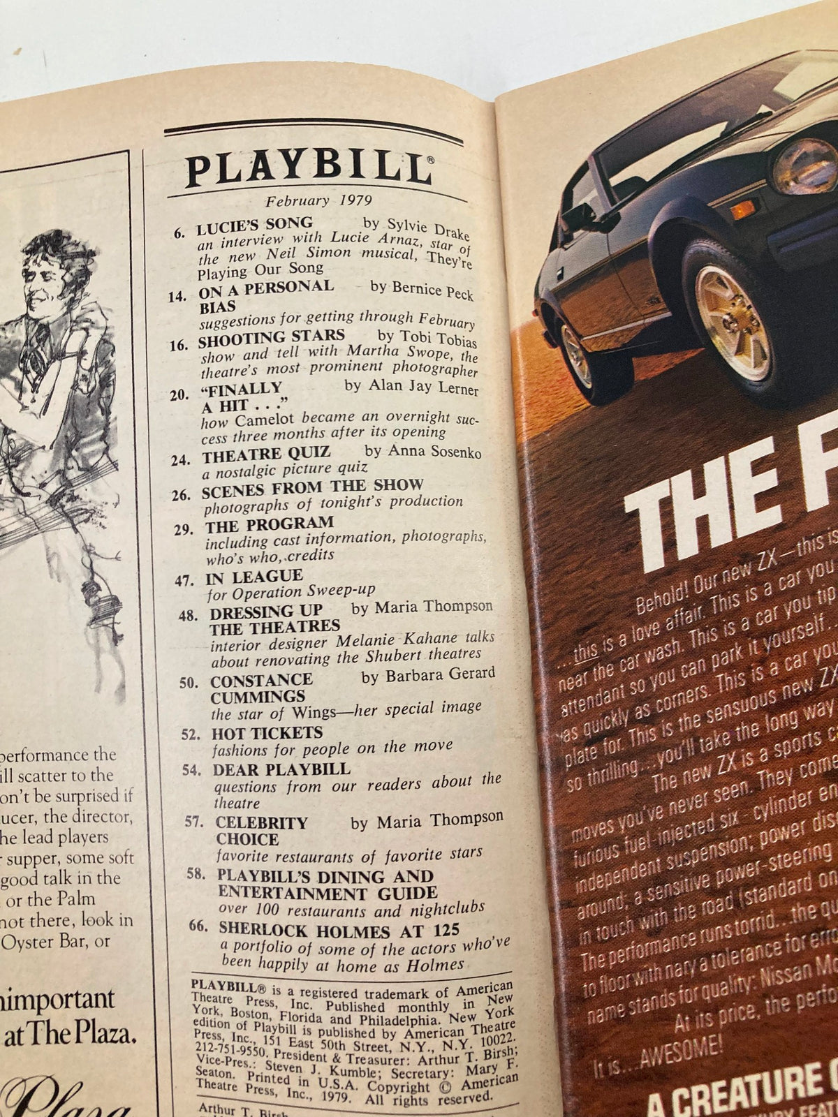 Inside view of the 1979 Playbill for Sweeney Todd, showcasing various articles and advertisements from February 1979.
