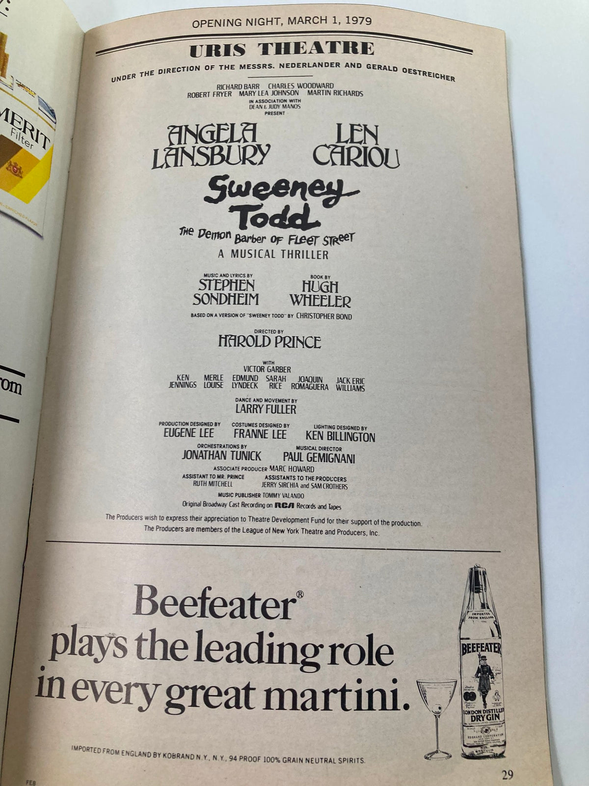 Opening night page of the 1979 Playbill for Sweeney Todd featuring cast details including Angela Lansbury and Len Cariou.