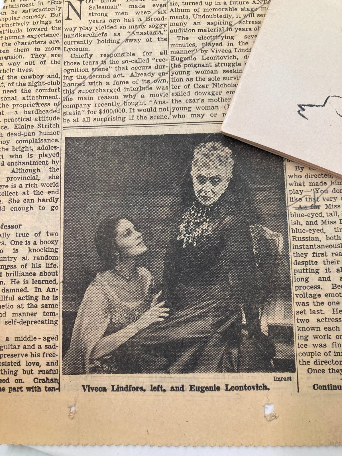 Vintage image featuring Viveca Lindfors and Eugenie Leontovich from a 1955 Playbill of Anastasia at Lyceum Theatre.