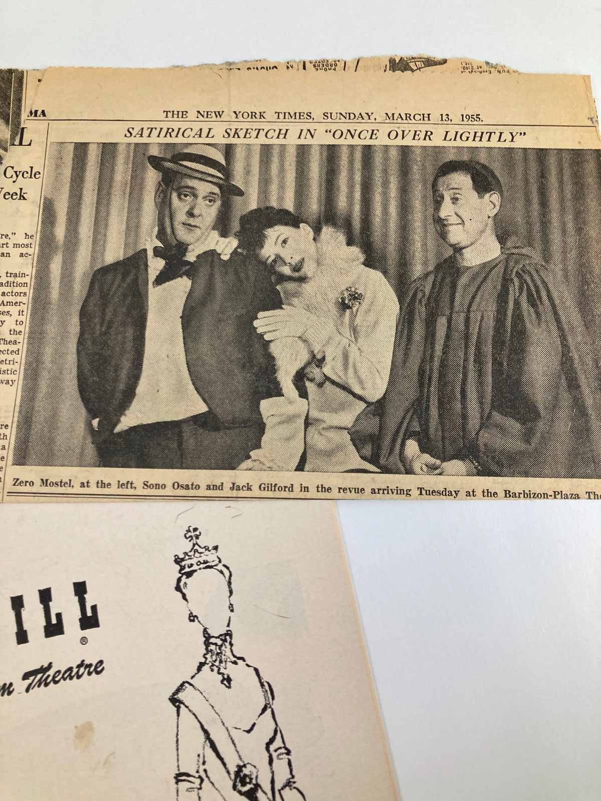 Historical photo of Zero Mostel, Sono Osato, and Jack Gilford in a comedy sketch from March 13, 1955, related to the theatre scene.