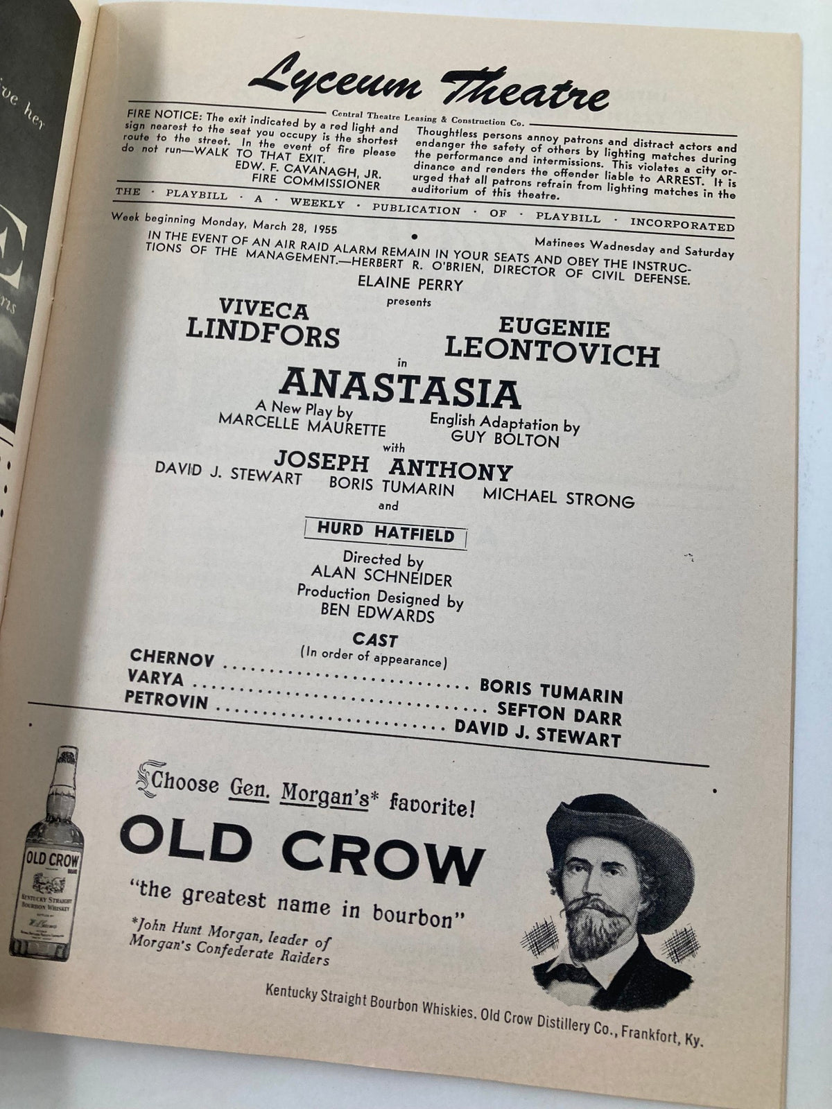 Inside page of the 1955 Playbill for Anastasia at Lyceum Theatre, showcasing the cast list and production details.