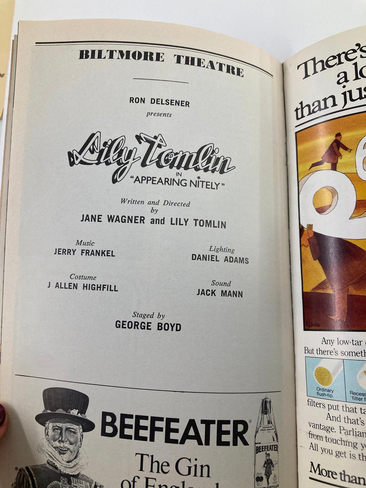 Page of the 1977 Playbill from Biltmore Theatre presenting credits for Lily Tomlin in Appearing Nitely, including writer and director Jane Wagner, along with production details.