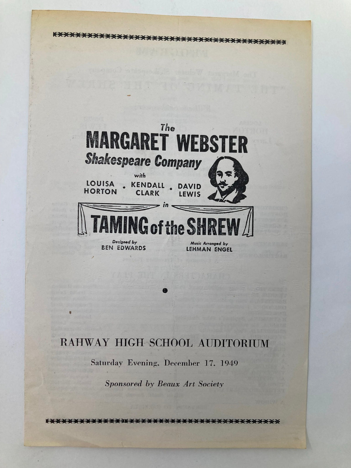 1949 Rahway High School Auditorium program cover featuring Louisa Horton in Taming of the Shrew, designed by Ben Edwards.