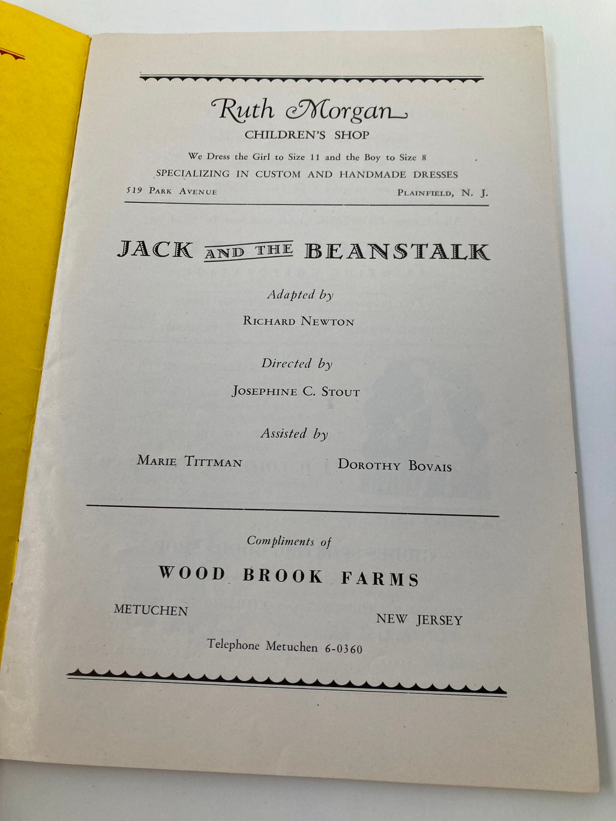 Interior page of the 1960's The Playshop Souvenir Program for 'Jack and the Beanstalk', featuring adaptation and direction credits including Richard Newton and Josephine C. Stout.