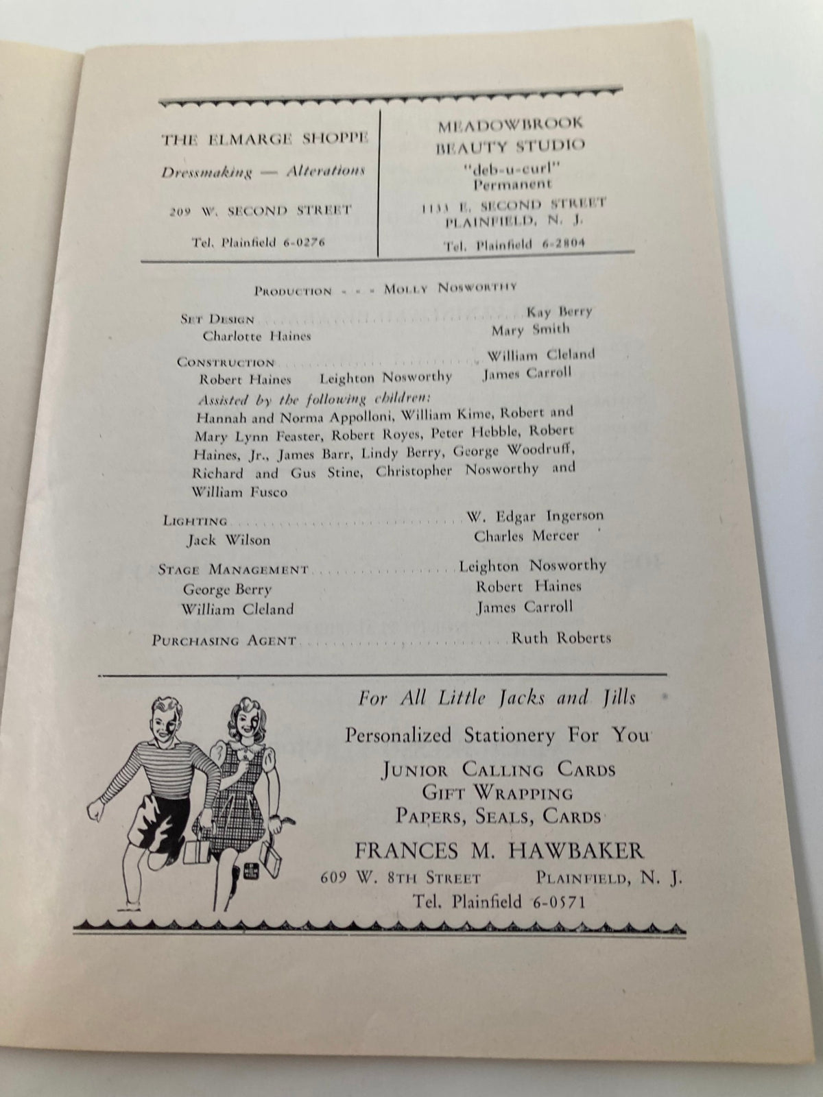 Production and cast credits from the 1960's The Playshop Souvenir Program for 'Jack and the Beanstalk', detailing key personnel involved in the theater production.