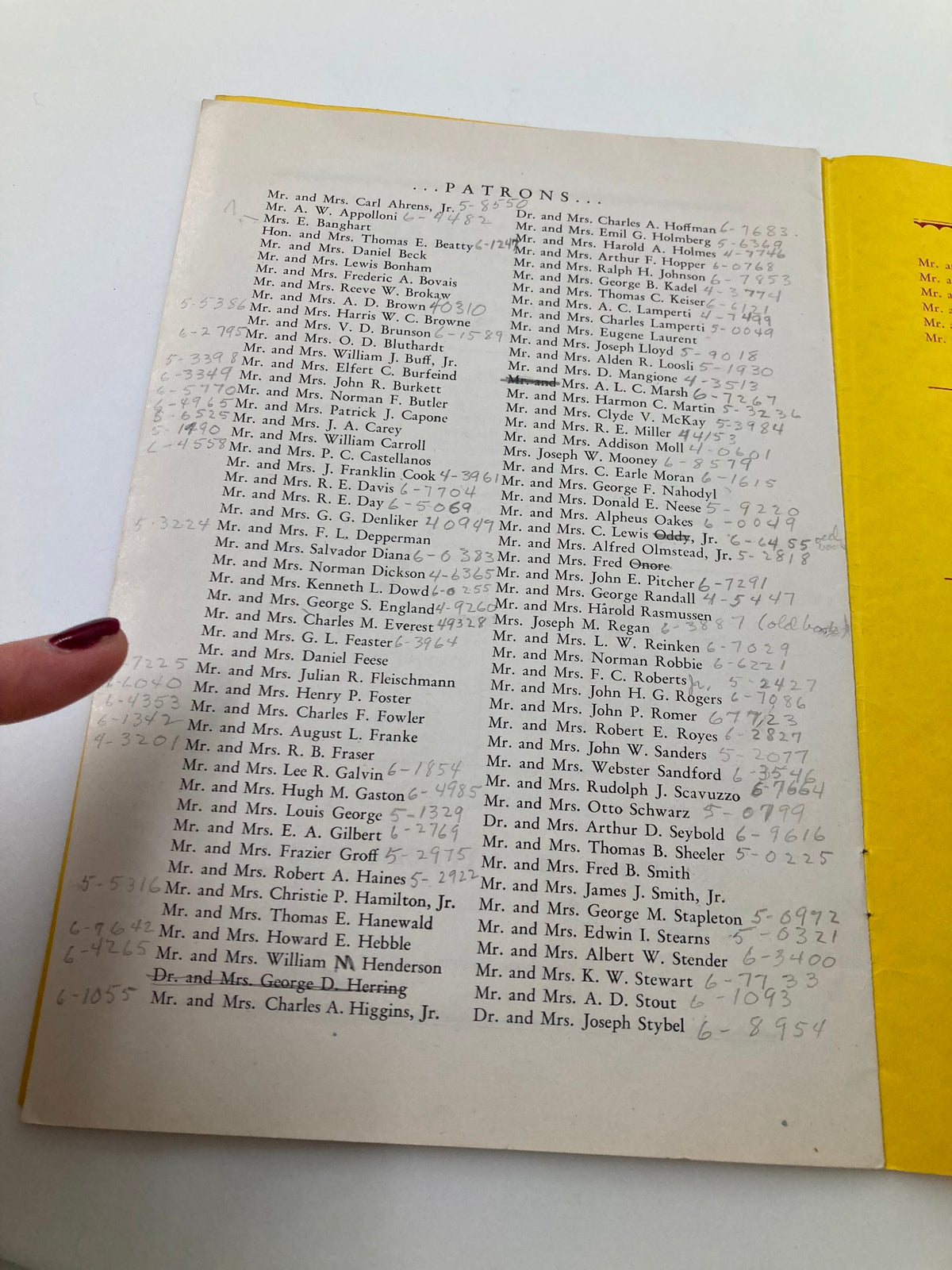 Patron list from the 1960's The Playshop Souvenir Program for 'Jack and the Beanstalk', featuring handwritten names acknowledging supporters of the theater.