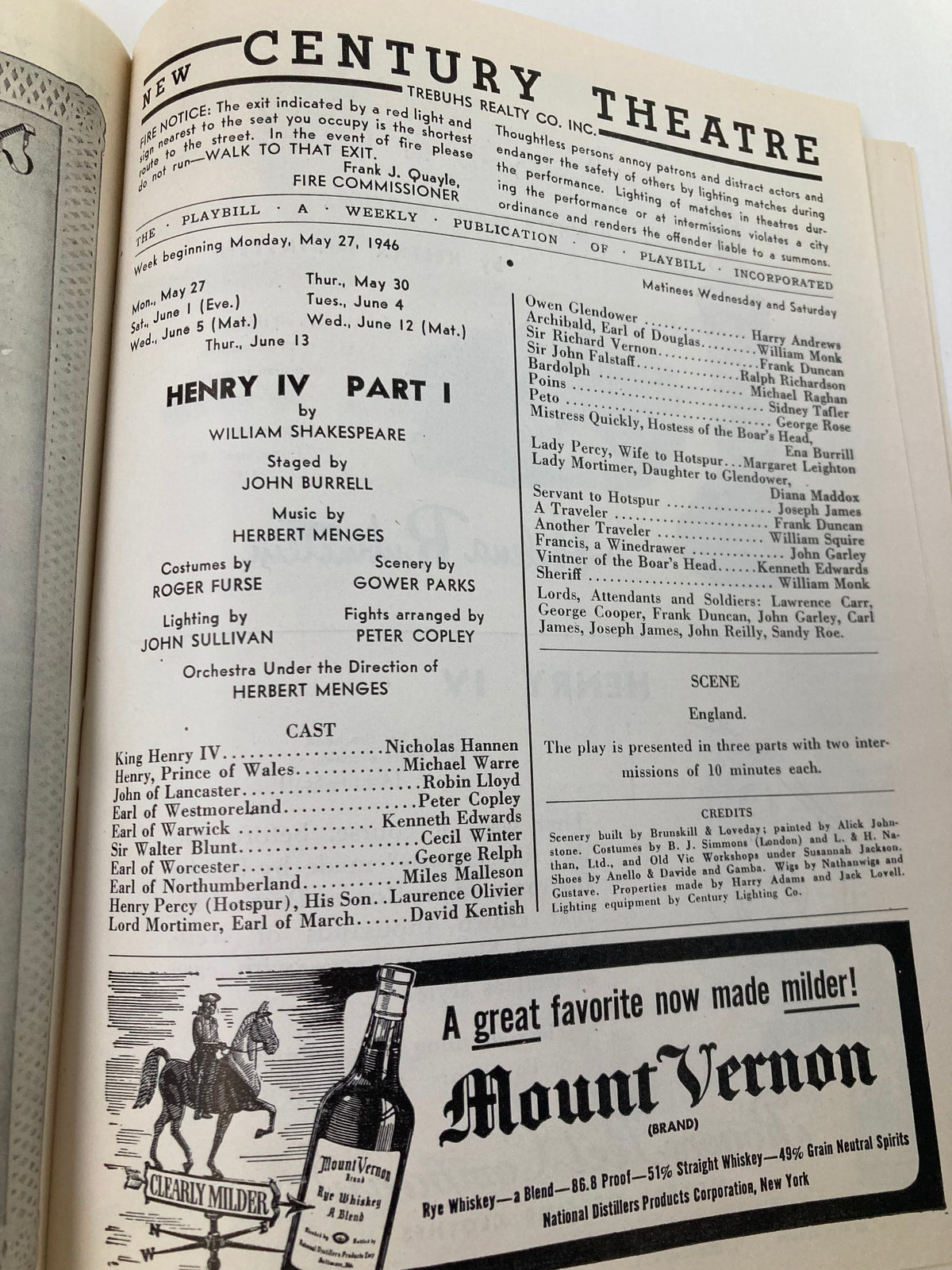 Detailed schedule page from the 1946 Playbill for New Century Theatre, featuring information about the staging of Henry IV Part I by The Old Vic Company.