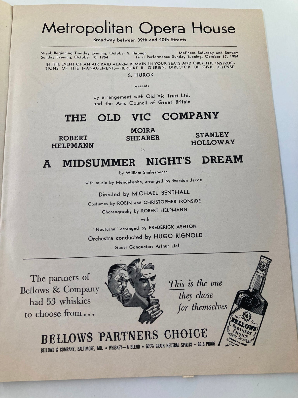 Another internal page of the 1954 Souvenir Program from the Metropolitan Opera House displaying cast details and event information for 'A Midsummer Night's Dream'.