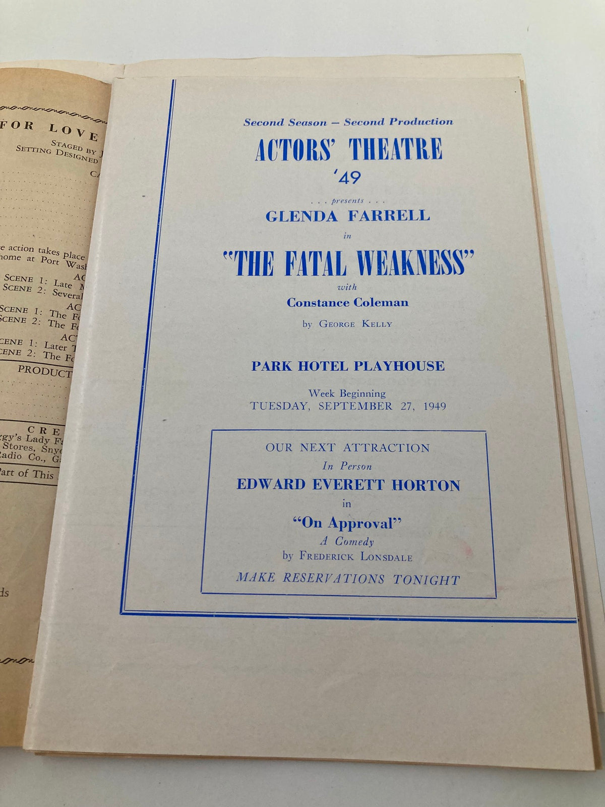 1949 Souvenir Program Actors' Theatre presenting The Fatal Weakness starring Glenda Farrell, with details of the performance and upcoming attractions.
