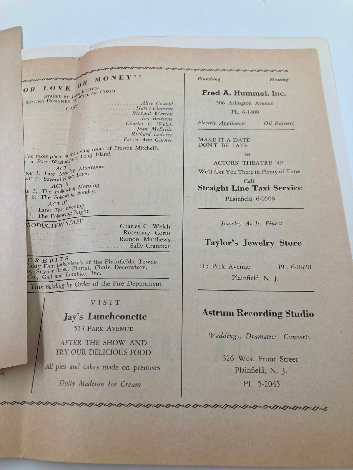 Interior page of the 1949 Souvenir Program from Actors' Theatre featuring a cast list and details for productions, including 'For Love or Money' and advertisements for local businesses.