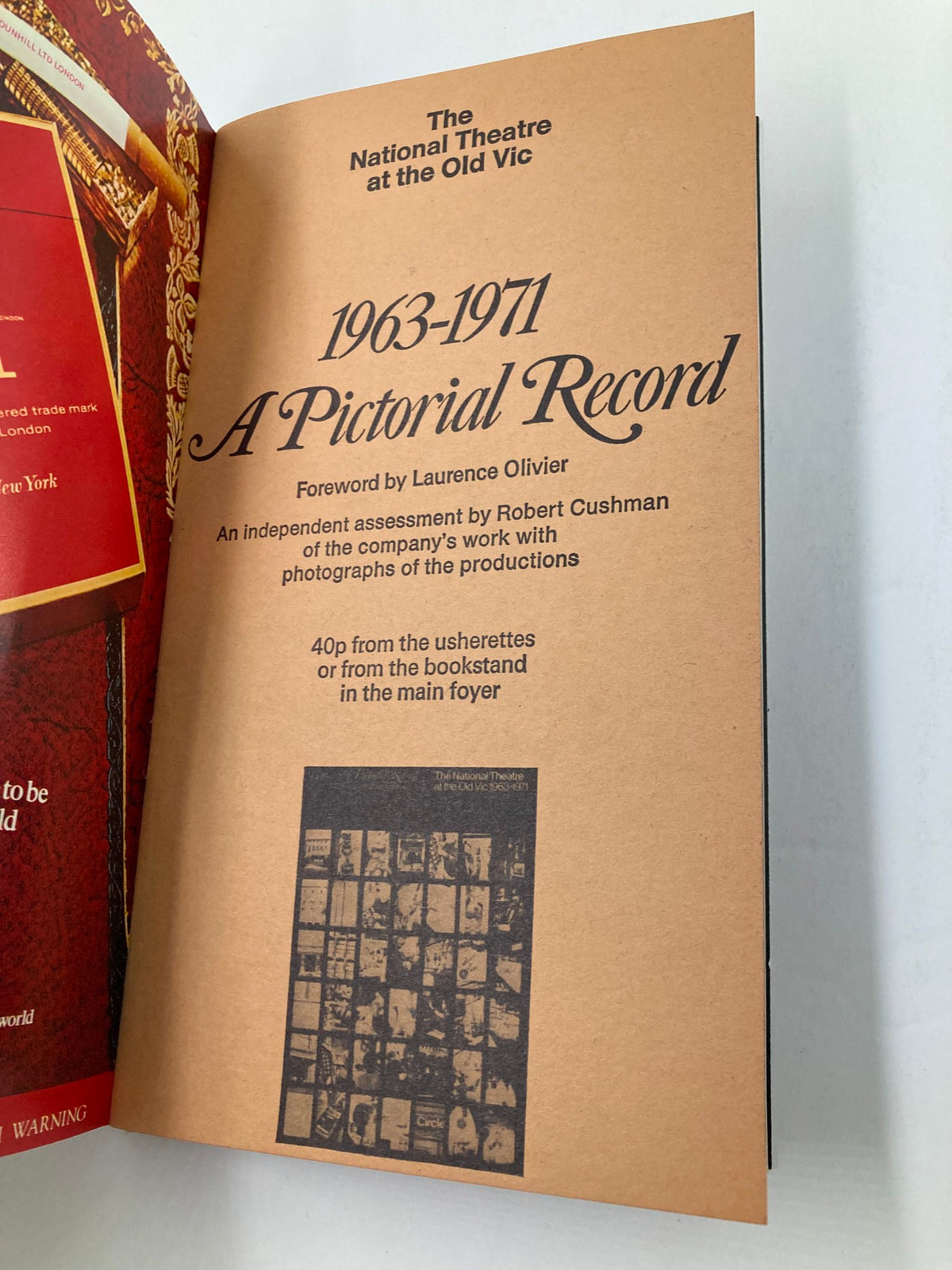 Inside page of the 1963-1971 Souvenir Program featuring the title '1963-1971 A Pictorial Record,' highlighting contributions from Laurence Olivier and the National Theatre.