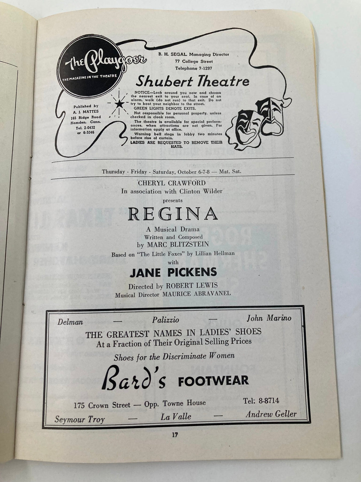 Inside page of the 1949-1950 The Playgoer magazine listing the cast and details of Regina, a musical drama by Cheryl Crawford.