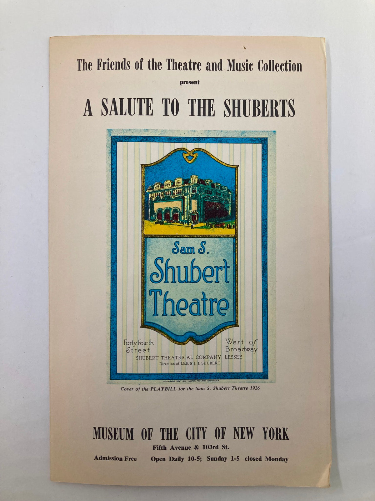1926 Playbill titled 'A Salute To The Shuberts' showcasing the Sam S. Shubert Theatre with colorful cover design.