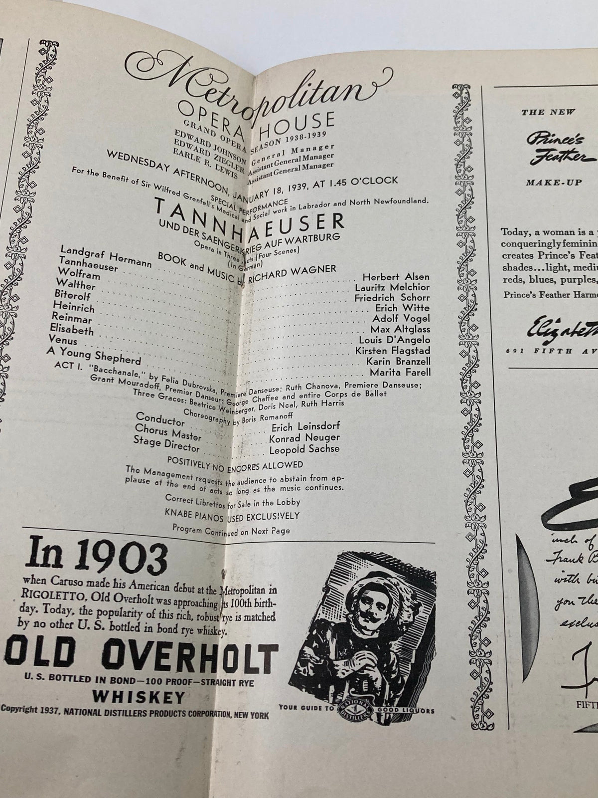Page from the 1939 Program Metropolitan Opera House detailing the performance of Tannhäuser, including cast details and musical credits.