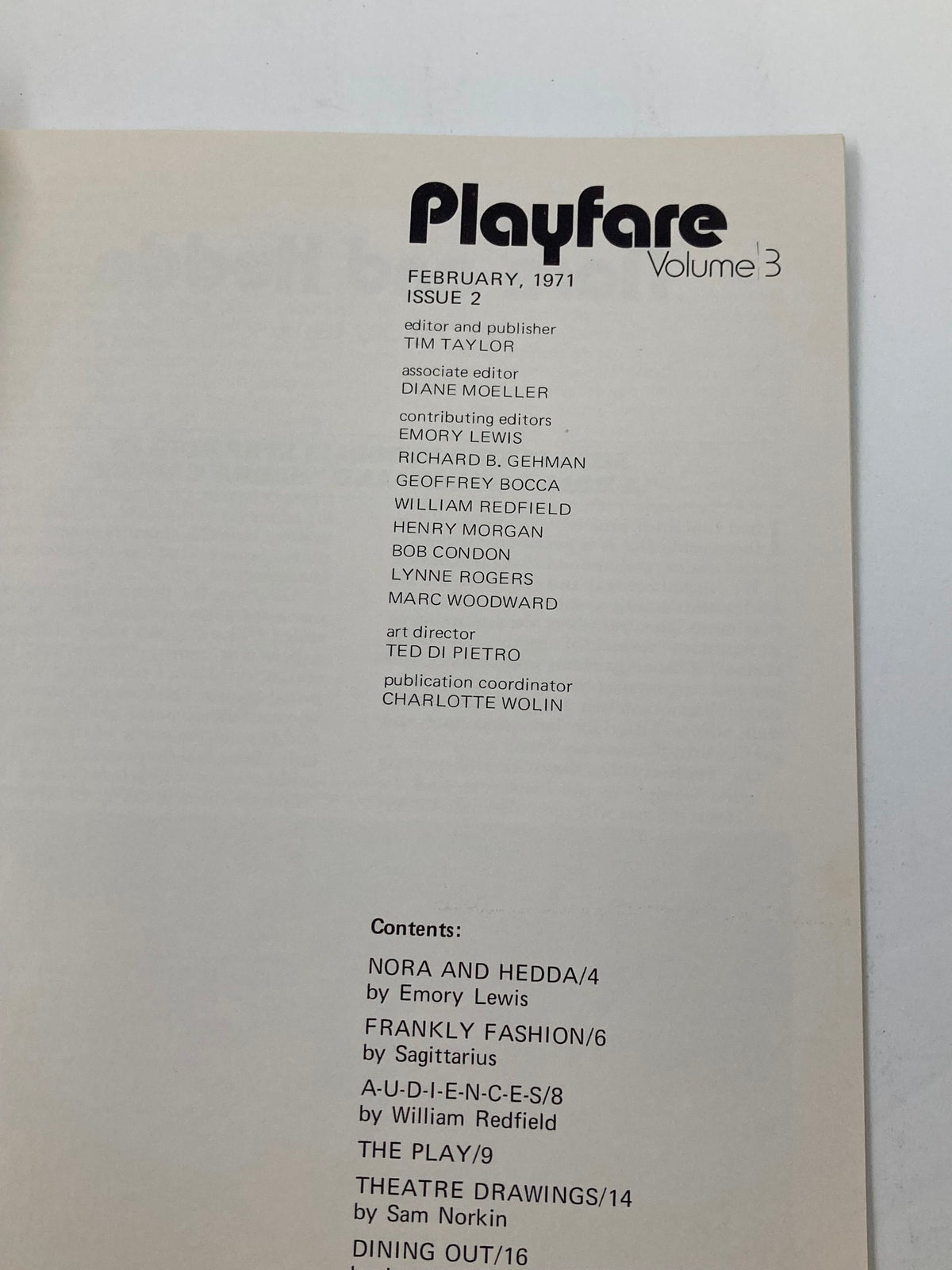 Internal page of the 1971 Program Playfare Vol. 3, listing contents and contributors for February 1971 issue, including notable names like Emory Lewis and Diane Meuller.