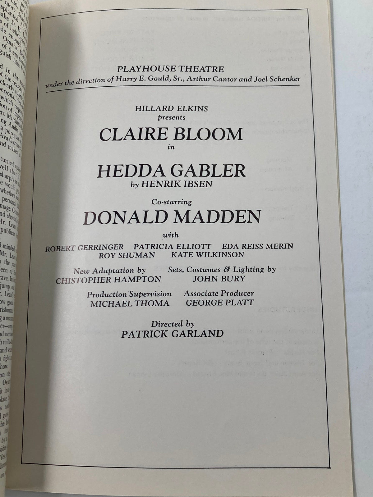 The page from the 1971 Program Playfare Vol. 3 featuring details about the Playhouse Theatre production of Hedda Gabler starring Claire Bloom and Donald Madden.