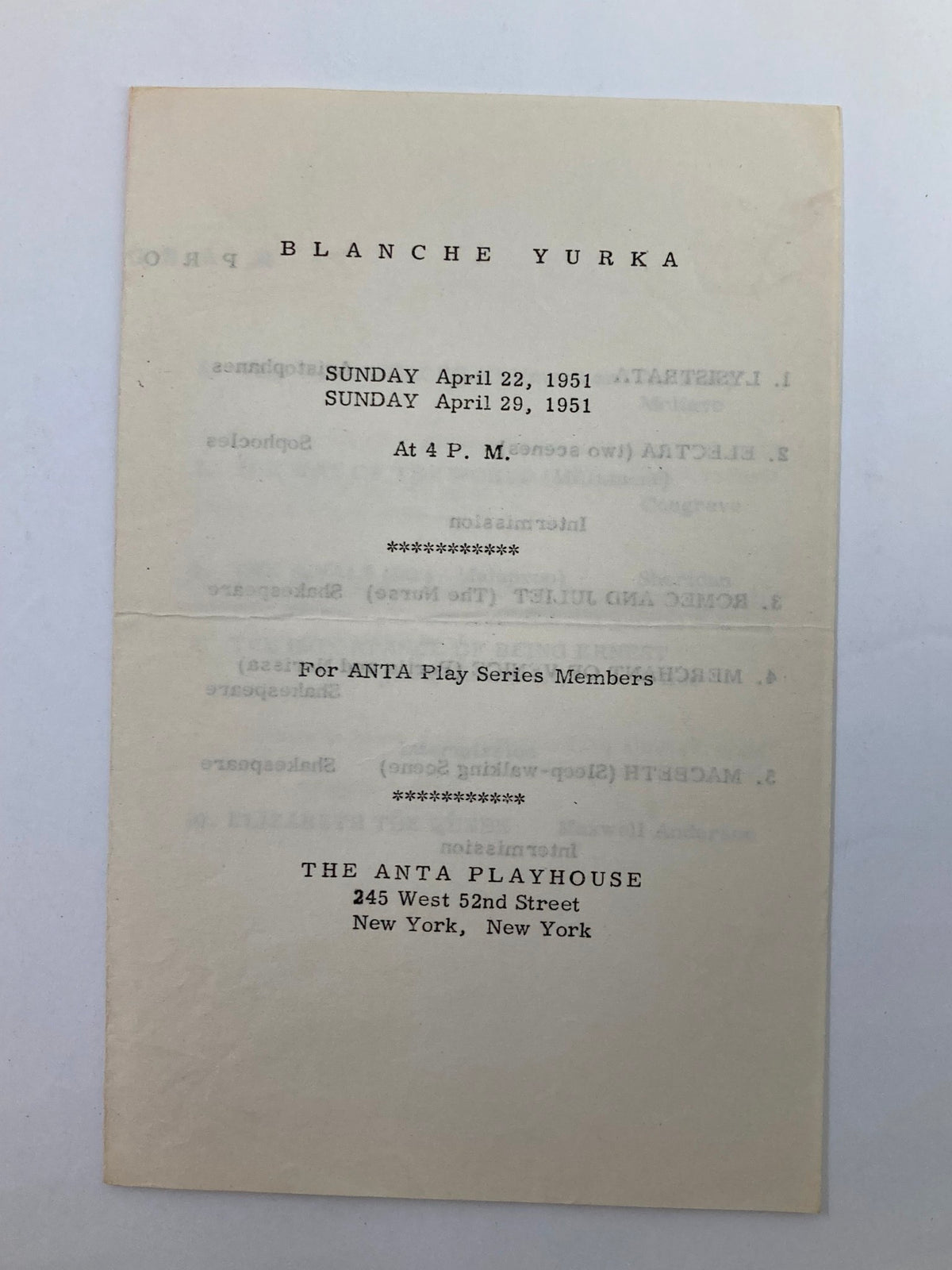 1951 Program The Anta Playhouse Blanche Yurka 'Elizabeth The Queen' - First page featuring performance dates and venue details for the historic theatrical production.