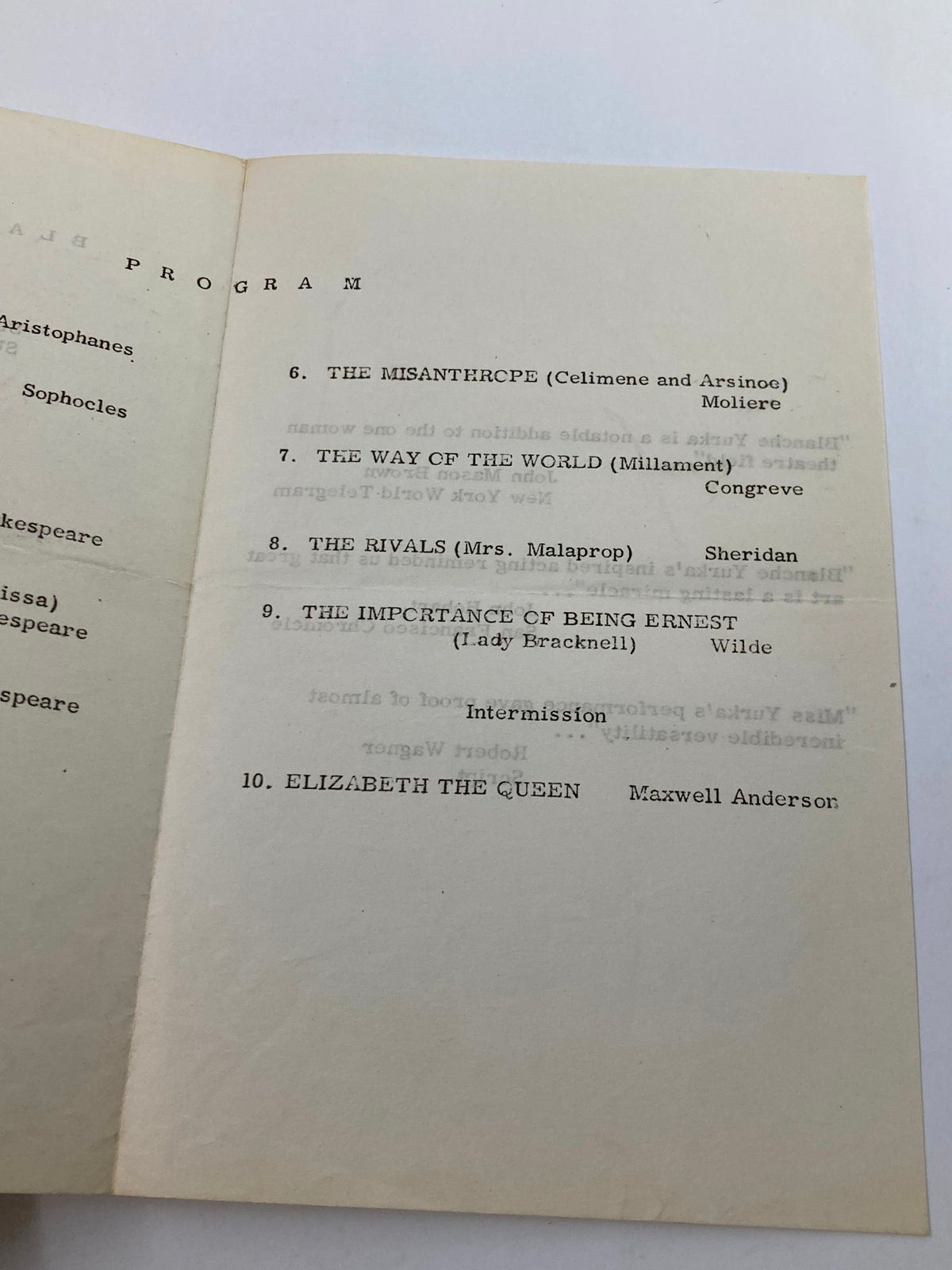 1951 Program The Anta Playhouse Blanche Yurka 'Elizabeth The Queen' - Another interior page with the program lineup featuring notable plays of the time.